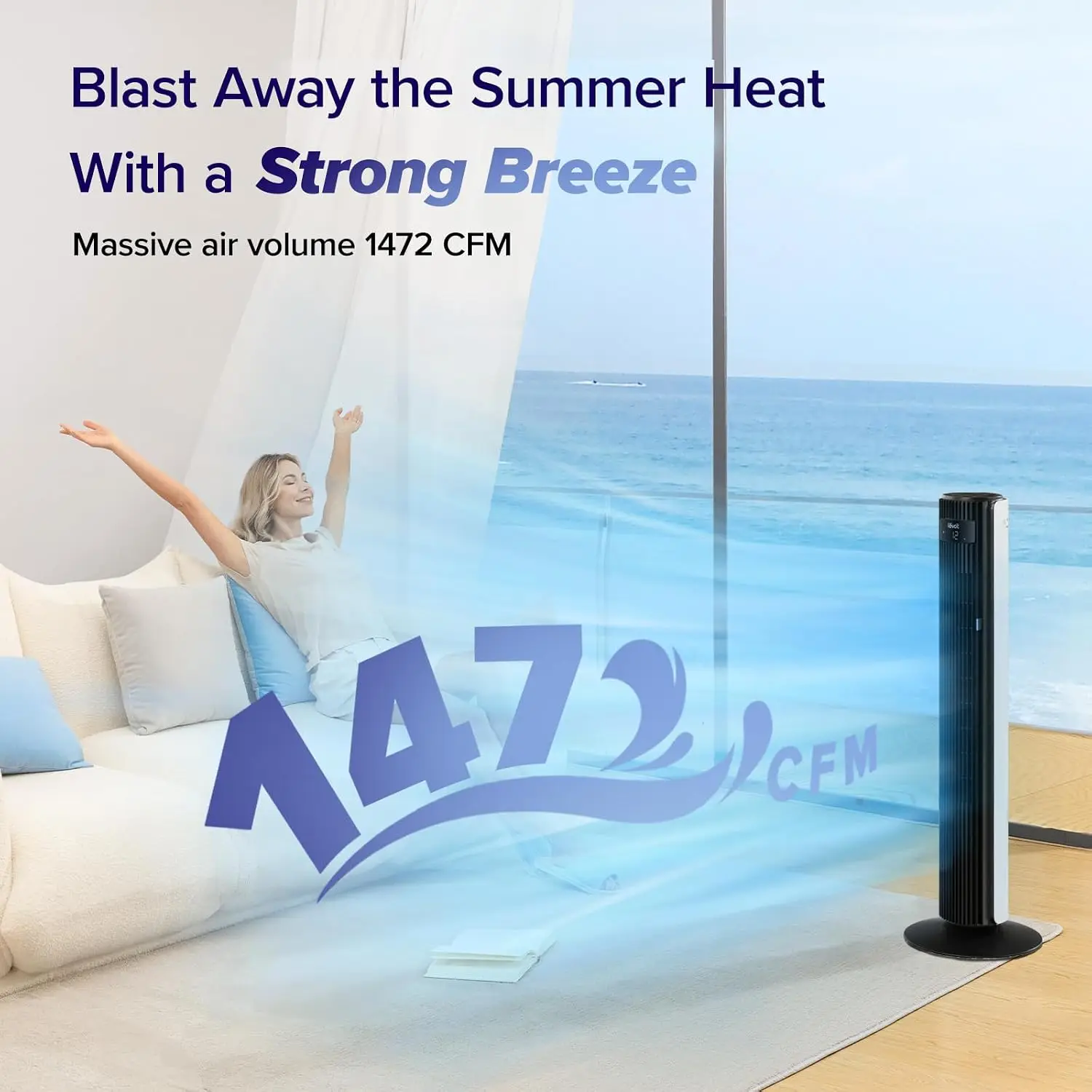 42 Inch Standing Tower Fan 1472 CFM Blows Cold Air 22dB Quiet 90 L R Oscillation 60 U D Airflow 5 Speed 4 Modes Temp Sensor 12H
