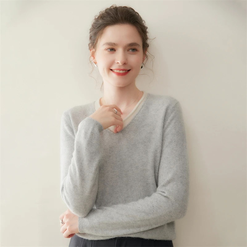 Women's V-neck Cashmere Sweater Color Blocking Fake Two Pullover Autumn Winter 100% Cashmere Knitwear Basic Loose Clothing Tops
