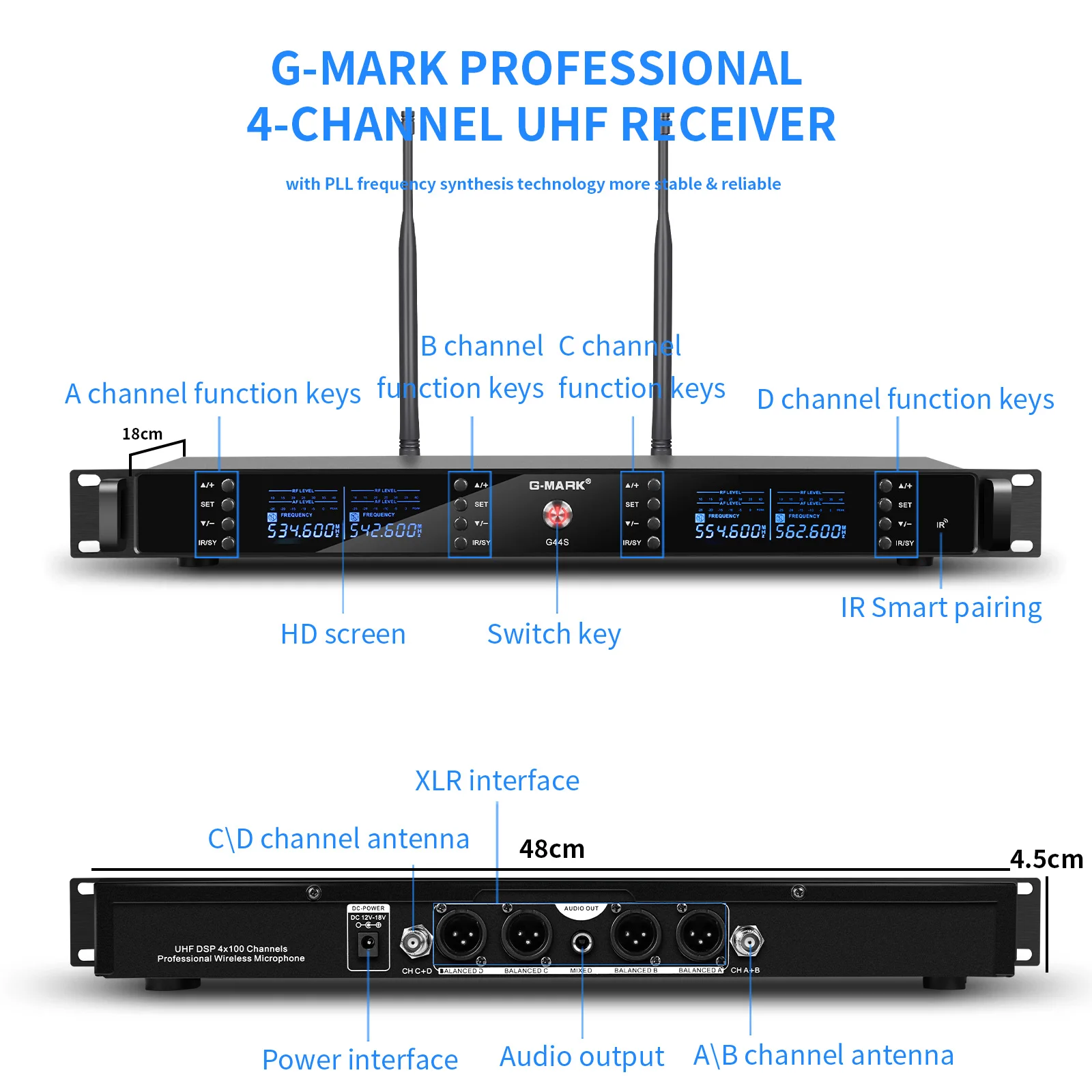 G-MARK G44S Lavalier Mic Professional UHF 4 Channels Wireless Microphone System With Bodypack Transmitters