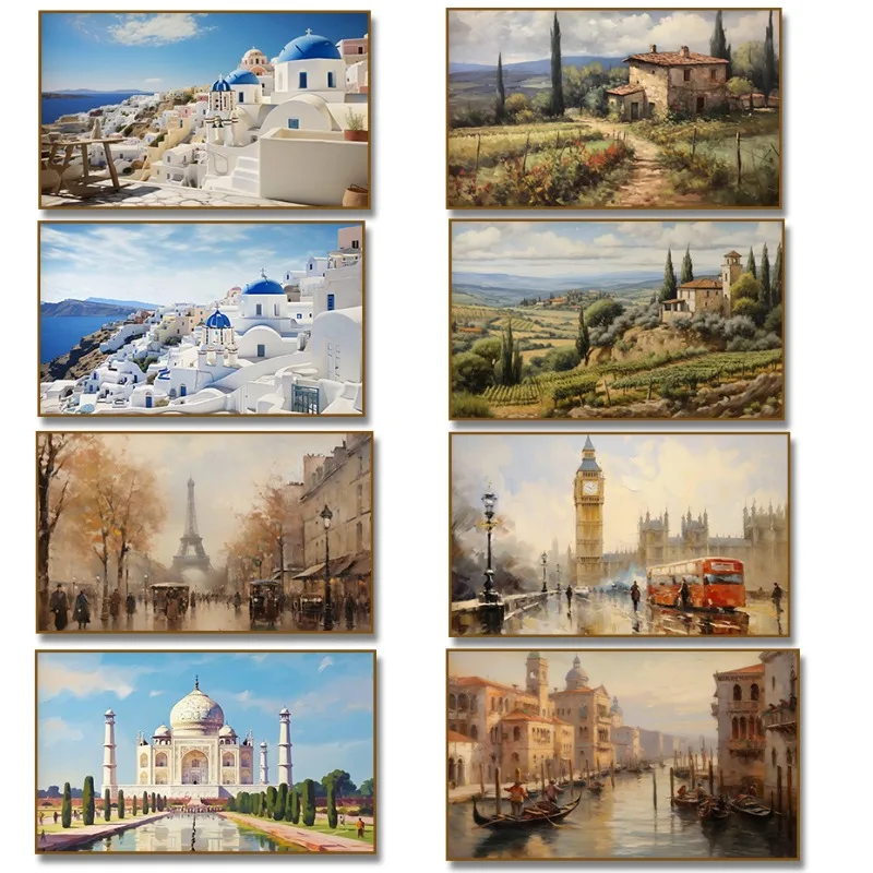 Santorini Village Tower Bridge London Big Ben Venice Tuscan Landscape Poster Canvas Painting Print Wall Art Room Home Decor