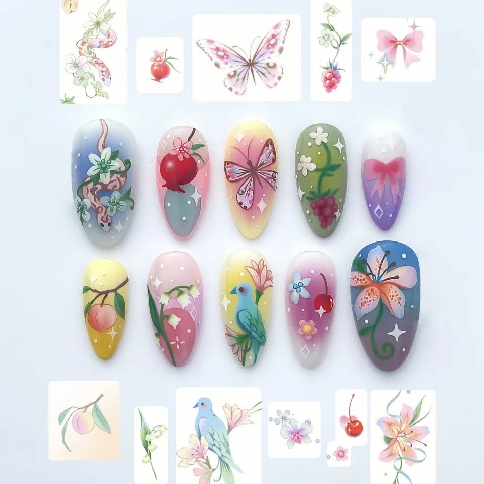 24pcs Fantasy Flower False Nails With Cartoon Fairy Butterfly Design Long Almond Tip Press On Nails Wearable Gradient Fake Nails
