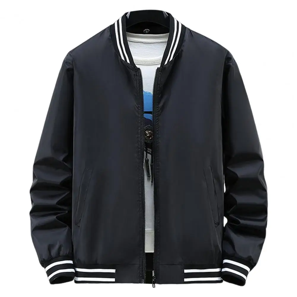 Casual Baseball Jacket Stylish Men's Baseball Jacket with Stand Collar Long Sleeve Striped Patchwork Design for Gym for Active