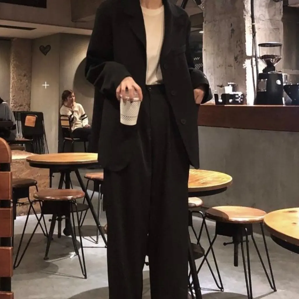 Giacca da abito nera da donna Stile coreano Casual All-match Primavera Fashion Sense Ins Colletto Top