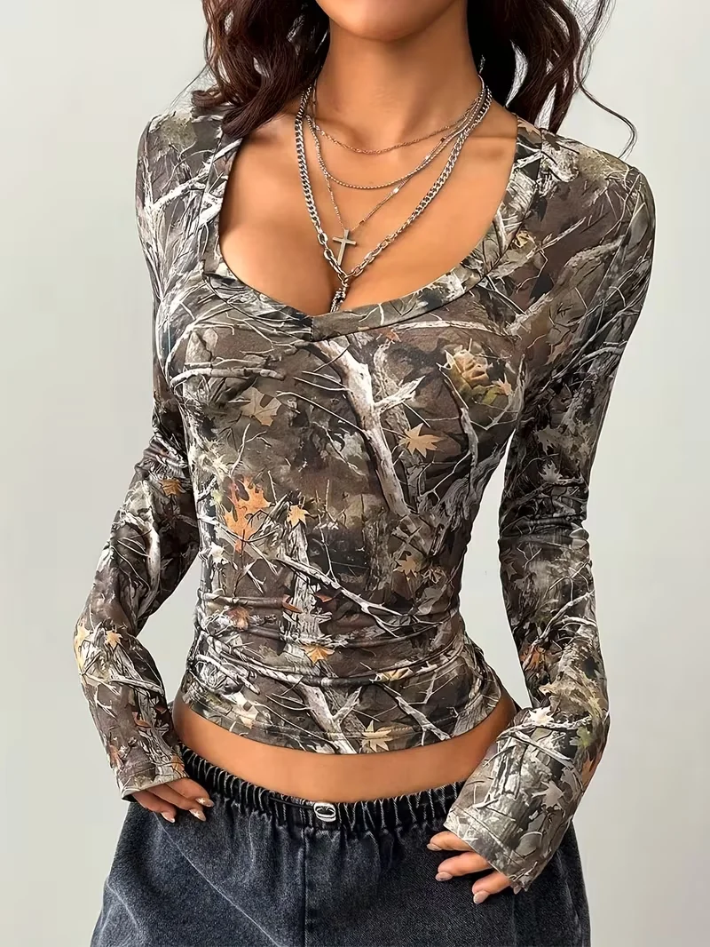 Y2K Street Top Tree Branch Pattern Full V-Ausschnitt T-Shirt für Damen