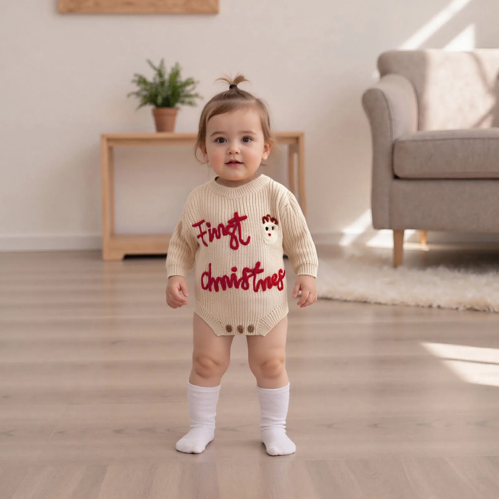 Baby-Strick-Strampler, langärmeliger Body mit Rundhalsausschnitt und Buchstaben, Weihnachtspullover für den Alltag