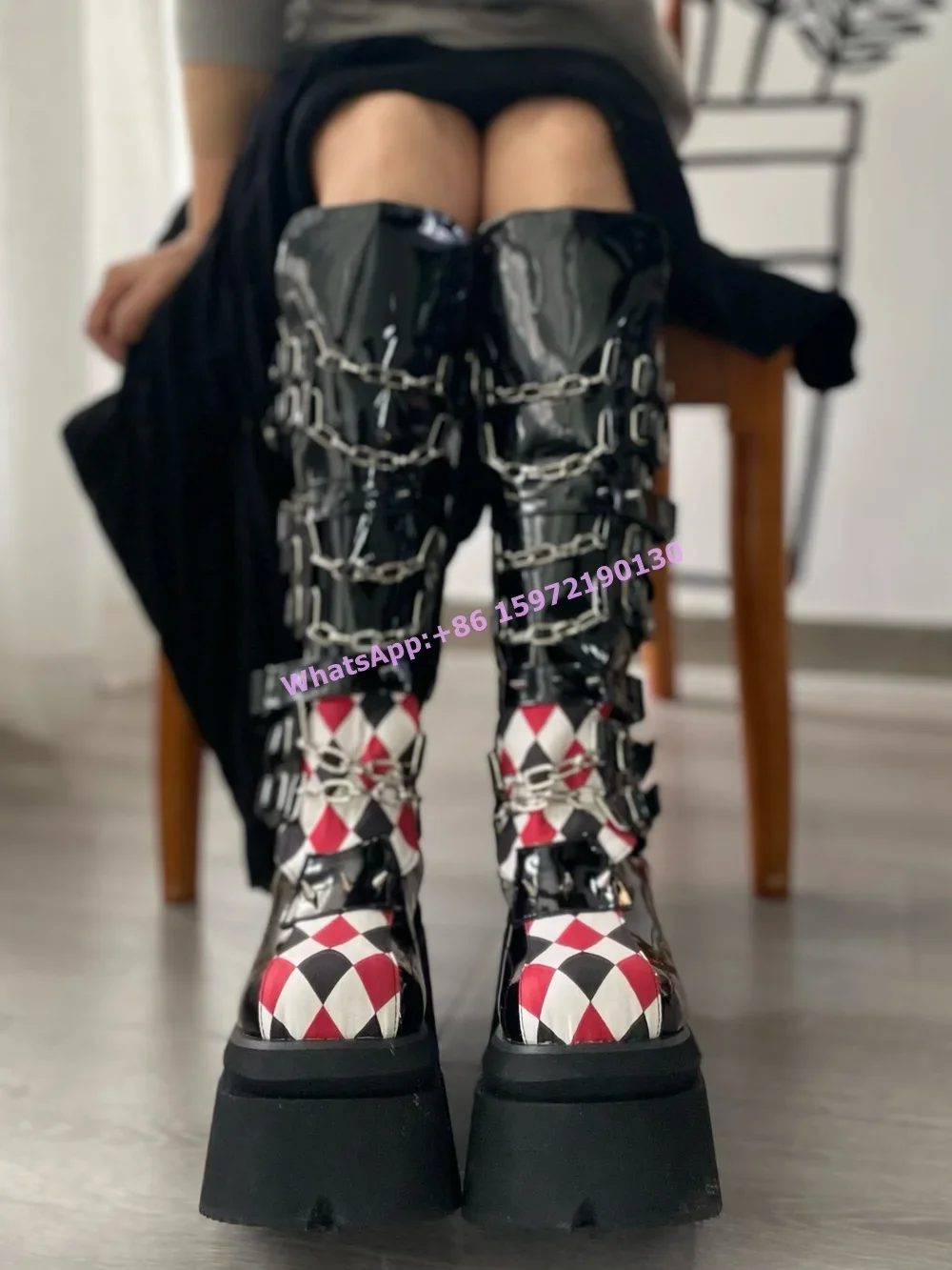 

Checkered Metal Chain Rivet Boots Platform Cool Thick Soled Knee High Boots Women's Gothic Punk Buckle Belt Black Shoes 2025