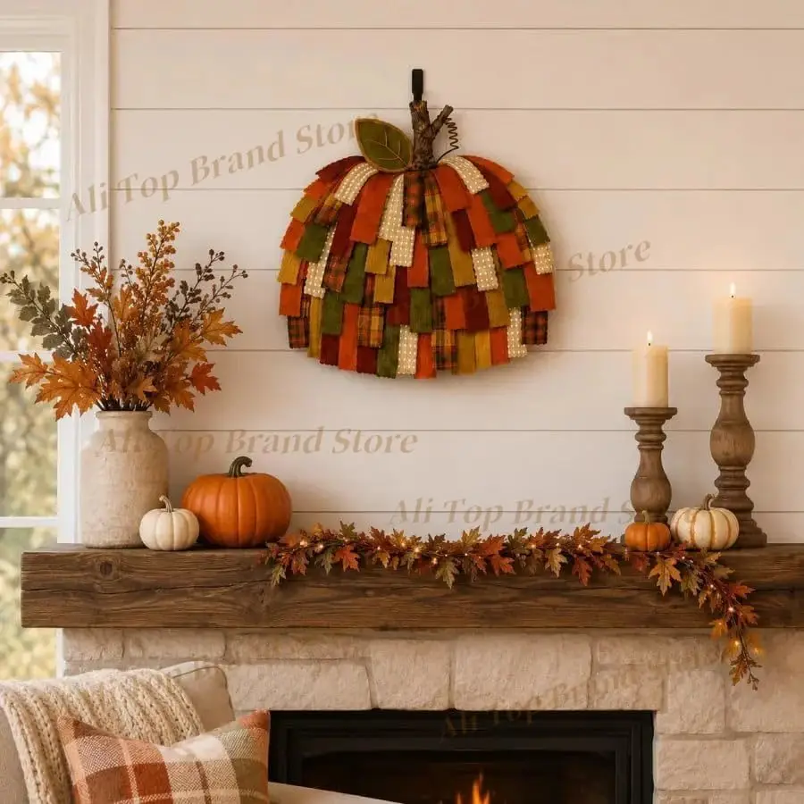 Handmade Patchwork Pumpkin Door Hanger,Warm Rustic Fall and Thanksgiving Decor,Large Foldable Farmhouse Harvest Wall Ornament