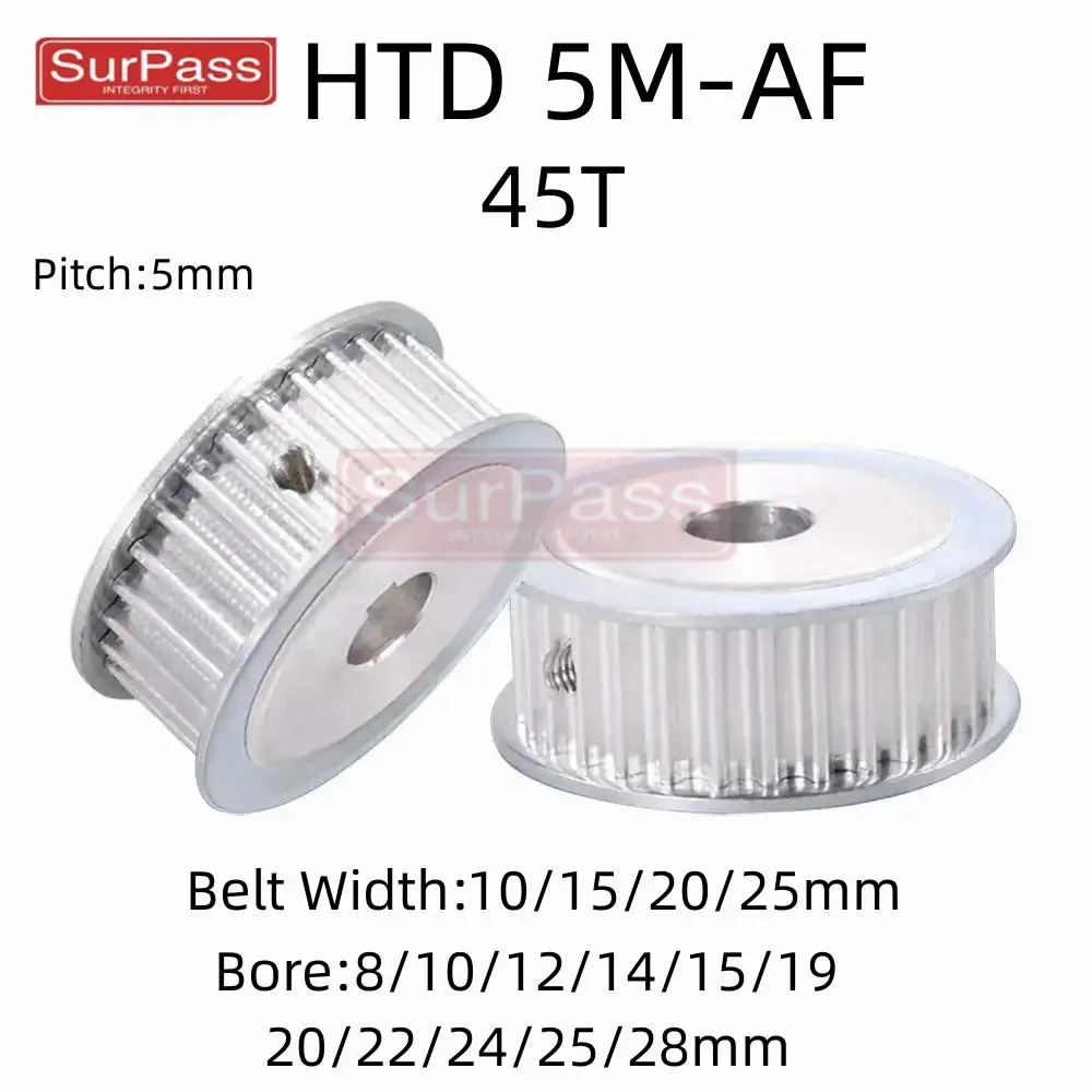 

HTD 5M 45Teeth Synchronous Pulley Bore 8/10/12/14/15/19/20/22-28mm Teeth Pitch 5 mm Belt Width: 10/15/20/25 mm 5M Timing Belt