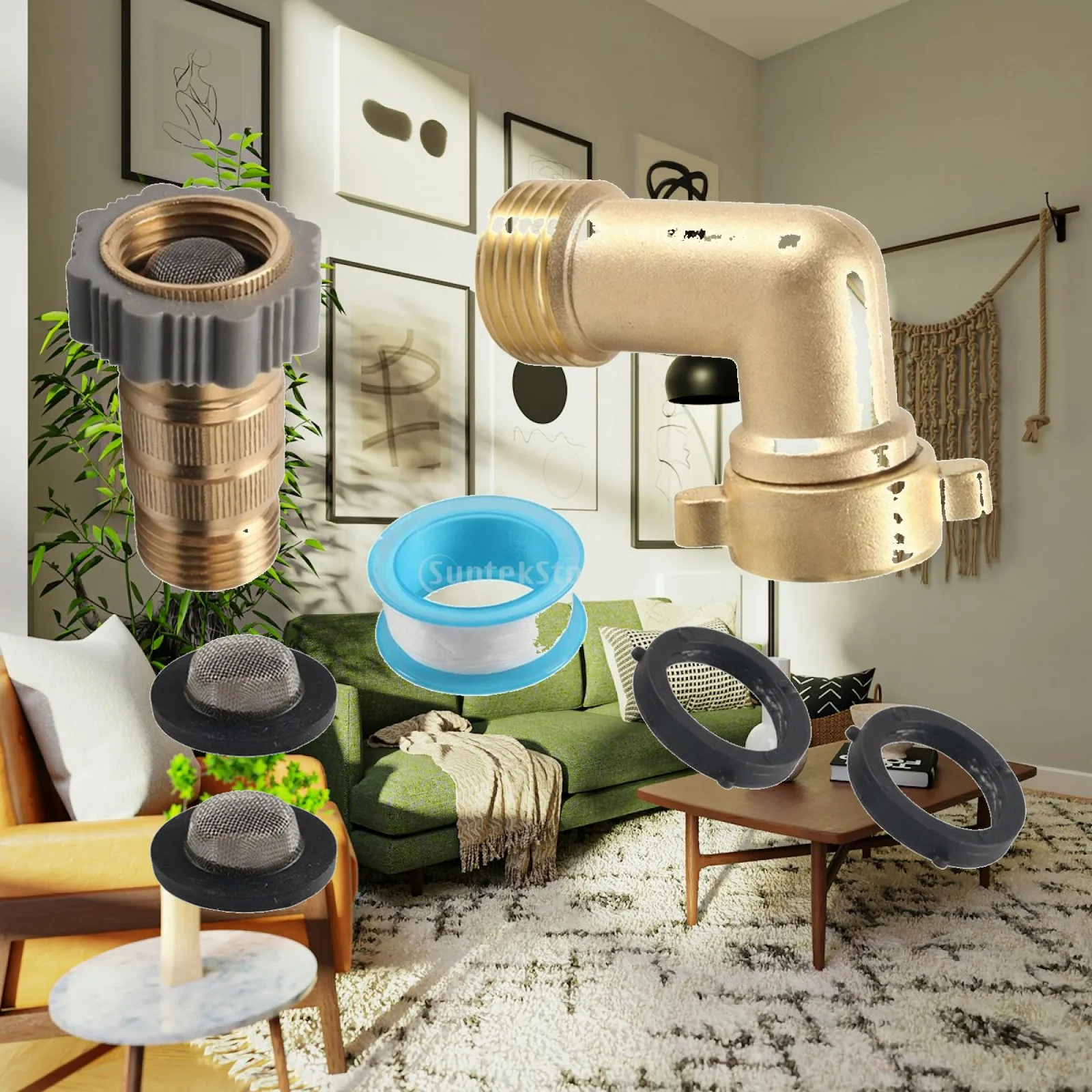 Pressure Regulator Valve for RV Water Line Brass Adjuster 40-50 PSI Garden Hose Kit with Thread Sealing Tape and Mesh Inlet
