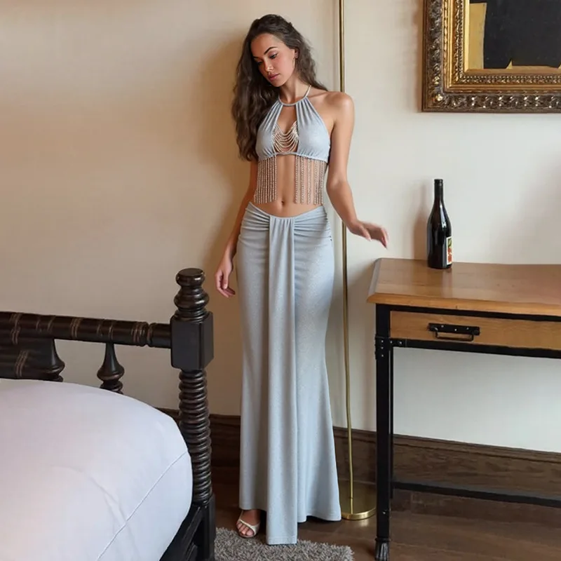 

Sexy Crop Top Women Fashion Tassel Skirt Suit Draped Lace Up Evening Dress Pleated Slim Fit Grey Party Gown New Design In Stock