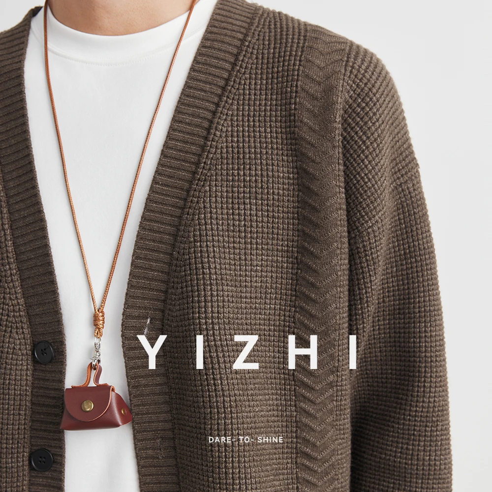 Men's Knitted Cardigan Sweater Jacket 2025 Autumn New Korean Style Casual Loose V-neck Long Sleeve Top Solid Color Sweater Men