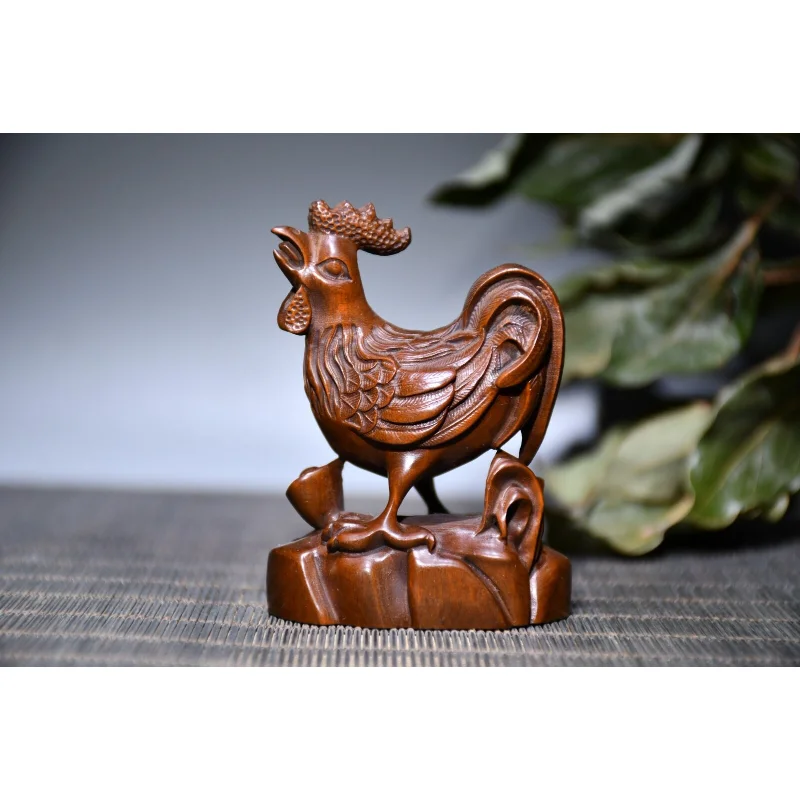 

2.8" Collection Chinese Box-wood Hand Engraving Animal 12 Zodiac Yuanbao Chicken Statue Craft Gift Decoration Home Decore