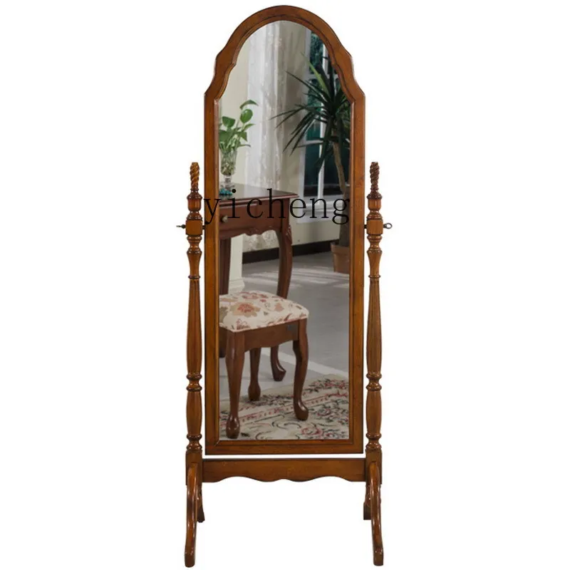 

TQH bedroom solid wood full-body full-length mirror simple retro floor-to-ceiling French clothing store mobile fitting mirror