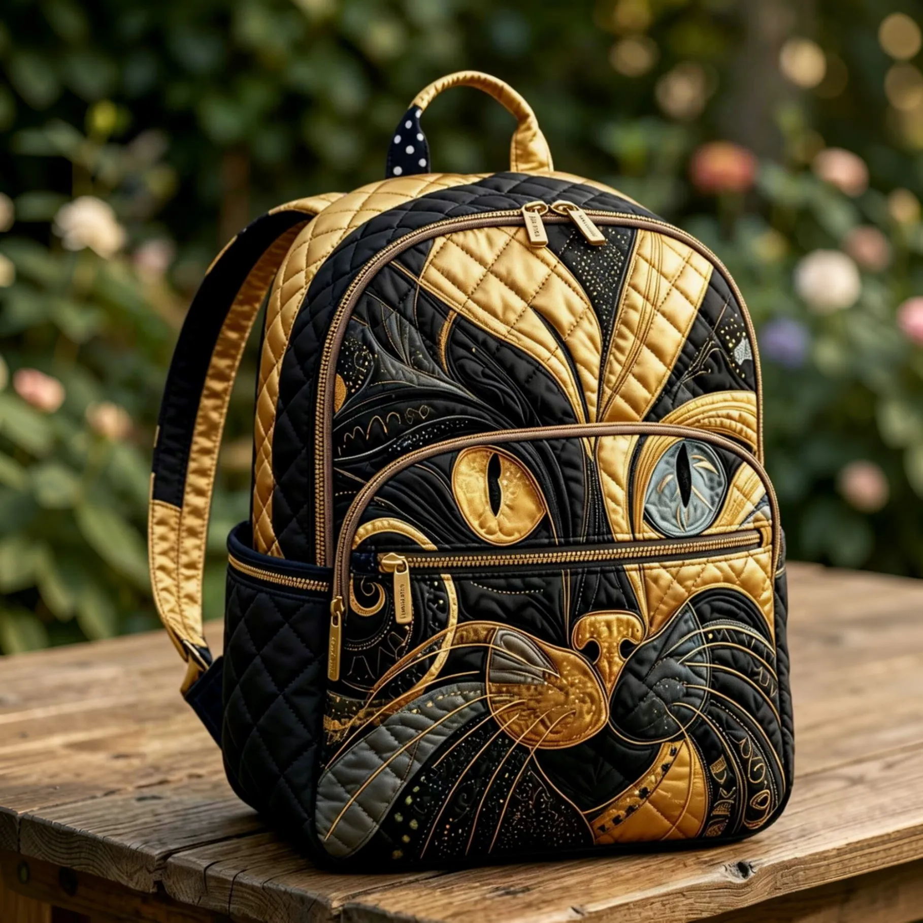 Luxury Artistic Black Gold Cat Quilted Backpack Premium Casual Daypack Chic Shoulder Bag for Women Men Travel Shopping Daily Use