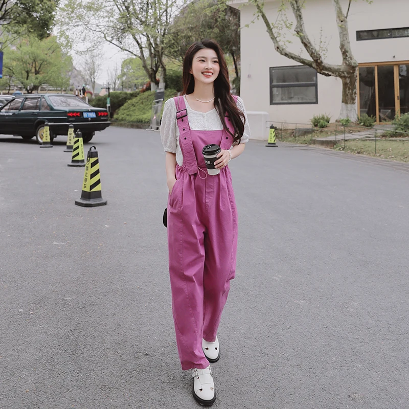 

Розовые длинные брюки-комбинезон для женщин, летние, тонкие, прохладные, в корейском стиле, с высокой талией, из смесовой хлопковой ткани