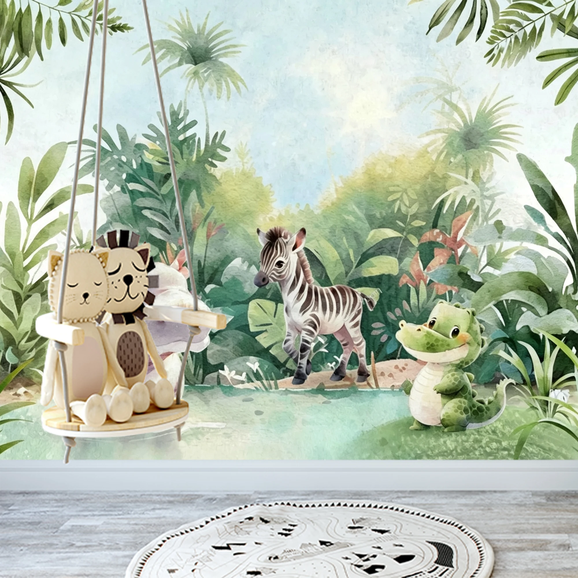 Custom Mural Wallpaper Kids Jungle Peel And Stick Wall  Hippo Zebra Tropical Leaf Cartoon For Nursery Bedroom Home Decor