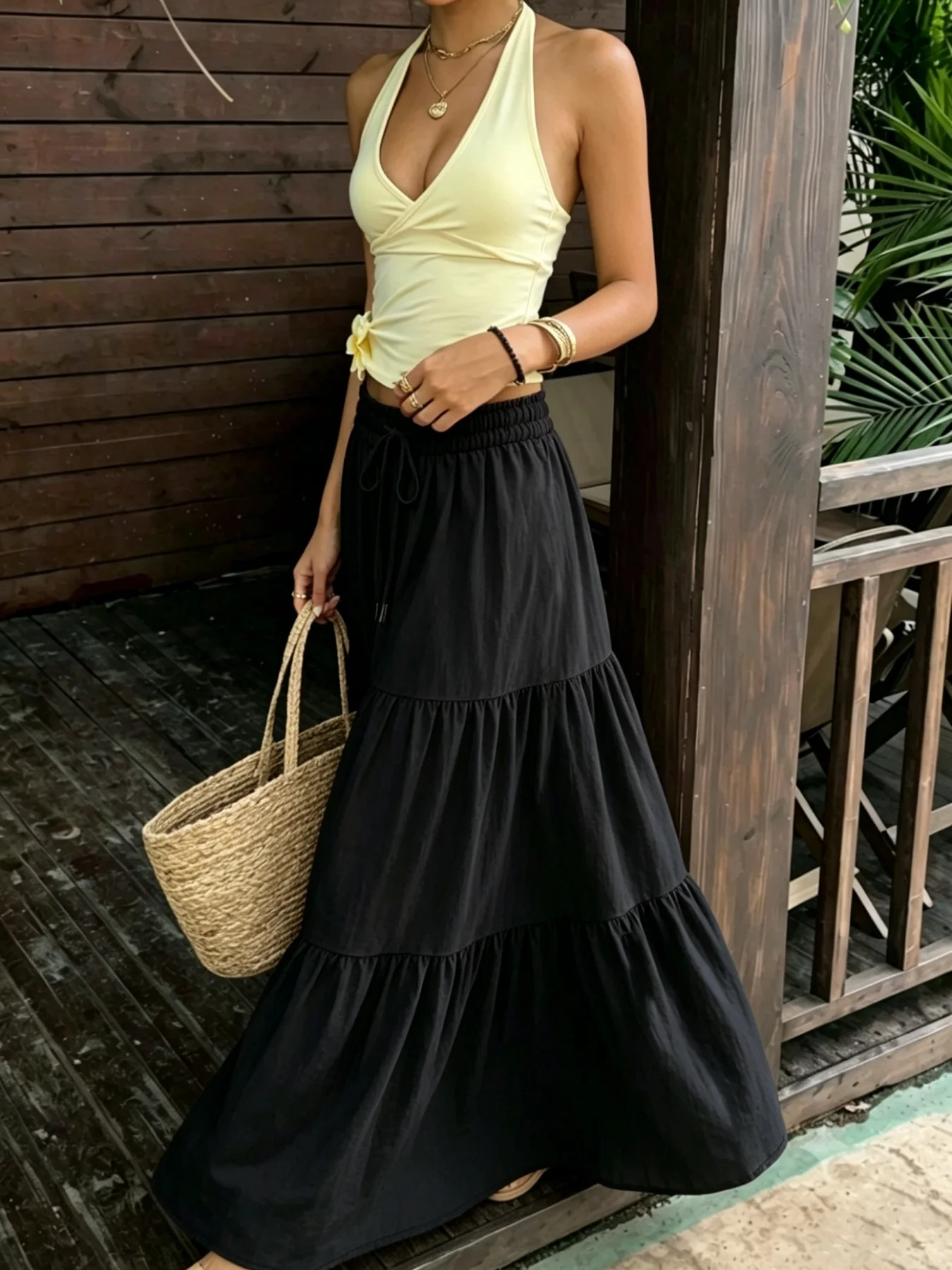 Damen-Maxirock mit Stufen, elastischem Kordelzug, hoher Taille, Rüschen, fließendem A-Linien-Schnitt, langer Rock, lässiger Boho-Strand-Sommerrock für Frauen – Detail 3