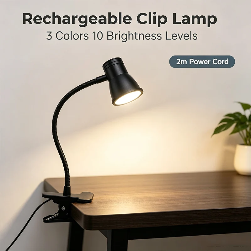 Horn LED Clip-on Reading Lamp, 3 Colors, Adjustable Gooseneck USB Powered, Bedside Cupboard Desk Light, Birthday Christmas Gift