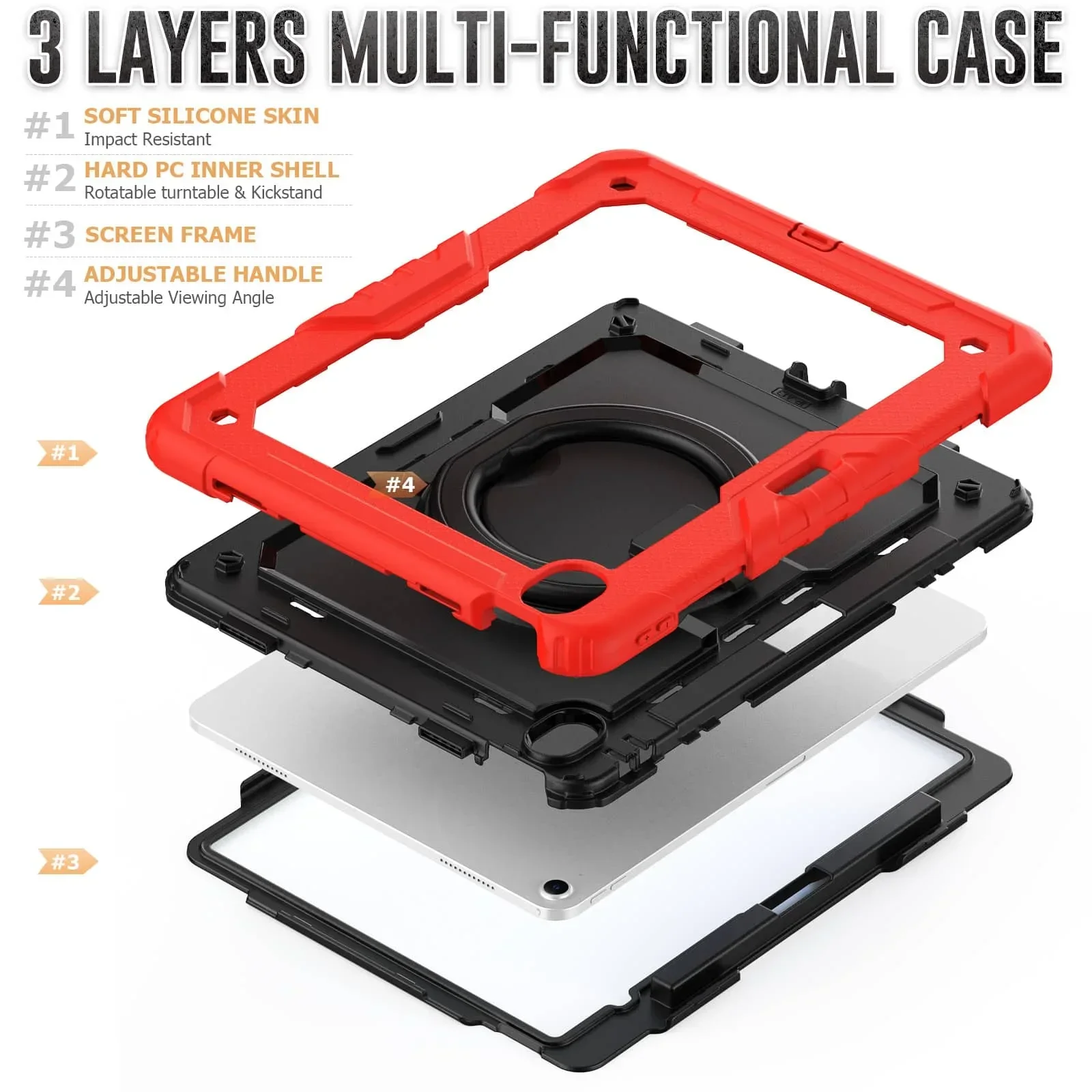 For iPad Air 13 M2 M3 2025, Military Grade Shockproof Protective Silicone Cover 360 Folding Handle Grip + Handle Shoulder Strap