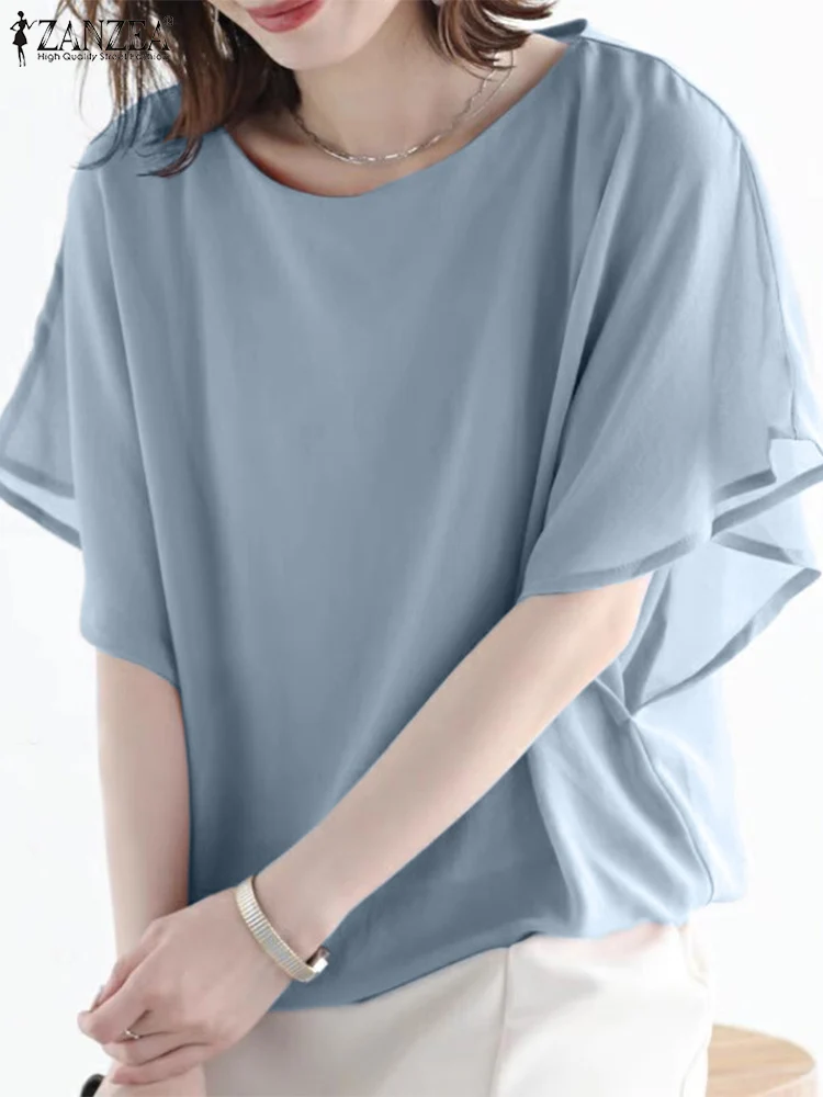 

Fashion Blouse Women Casual Loose Tops Elegant Bat-wing Sleeve Tunic 2025 ZANZEA Oversized O Neck Vintage Solid Color Blusas