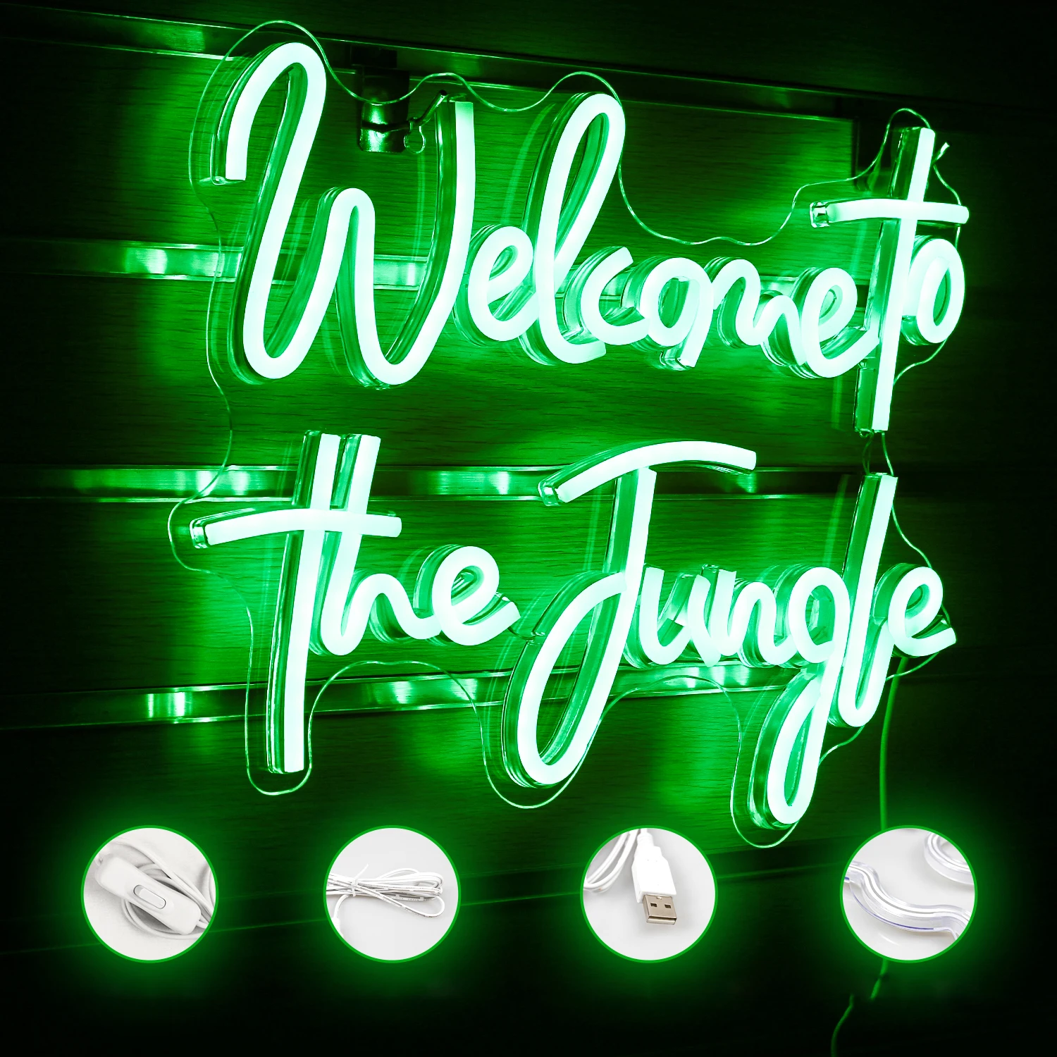 Bienvenido a la jungla, letrero LED de neón, luces decorativas verdes, decoración estética de la habitación, lámpara de pared artística USB, adornos brillantes para fiesta