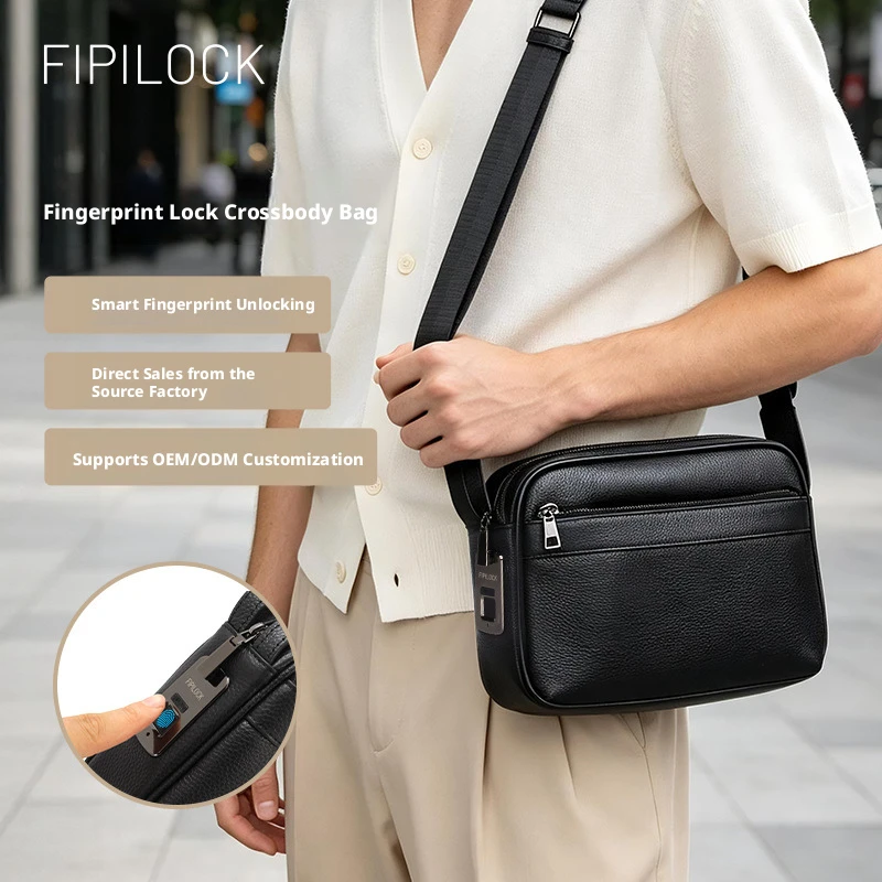 Men Black Genuine Cowhide Leather Fingerprint Lock Crossbody Bag Smart Anti Theft Sling Bag Business Shoulder Bag SAC