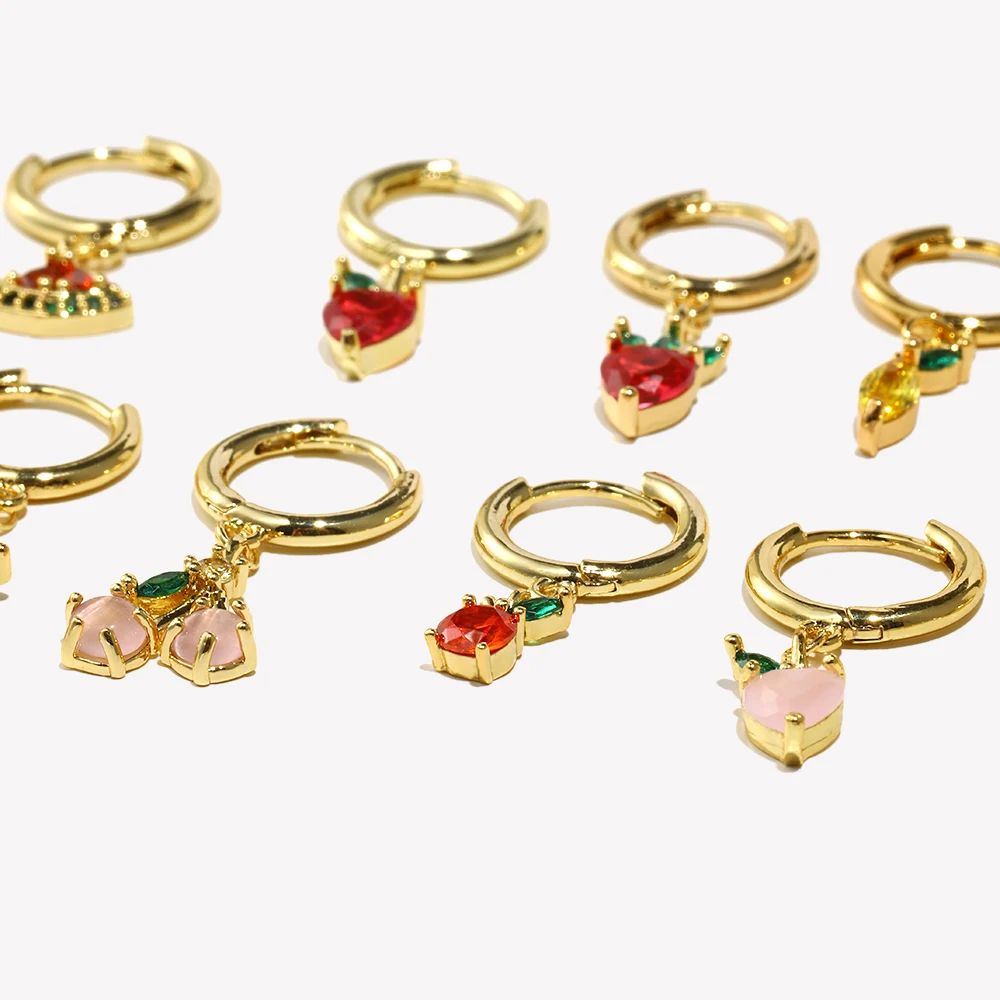 E.B.belle  Summer Hot Gold Color Filled CZ Fruit Grape Apple peach Cherry Charm Hoop Earrings Girl\'s Cute Small Hoop Earring