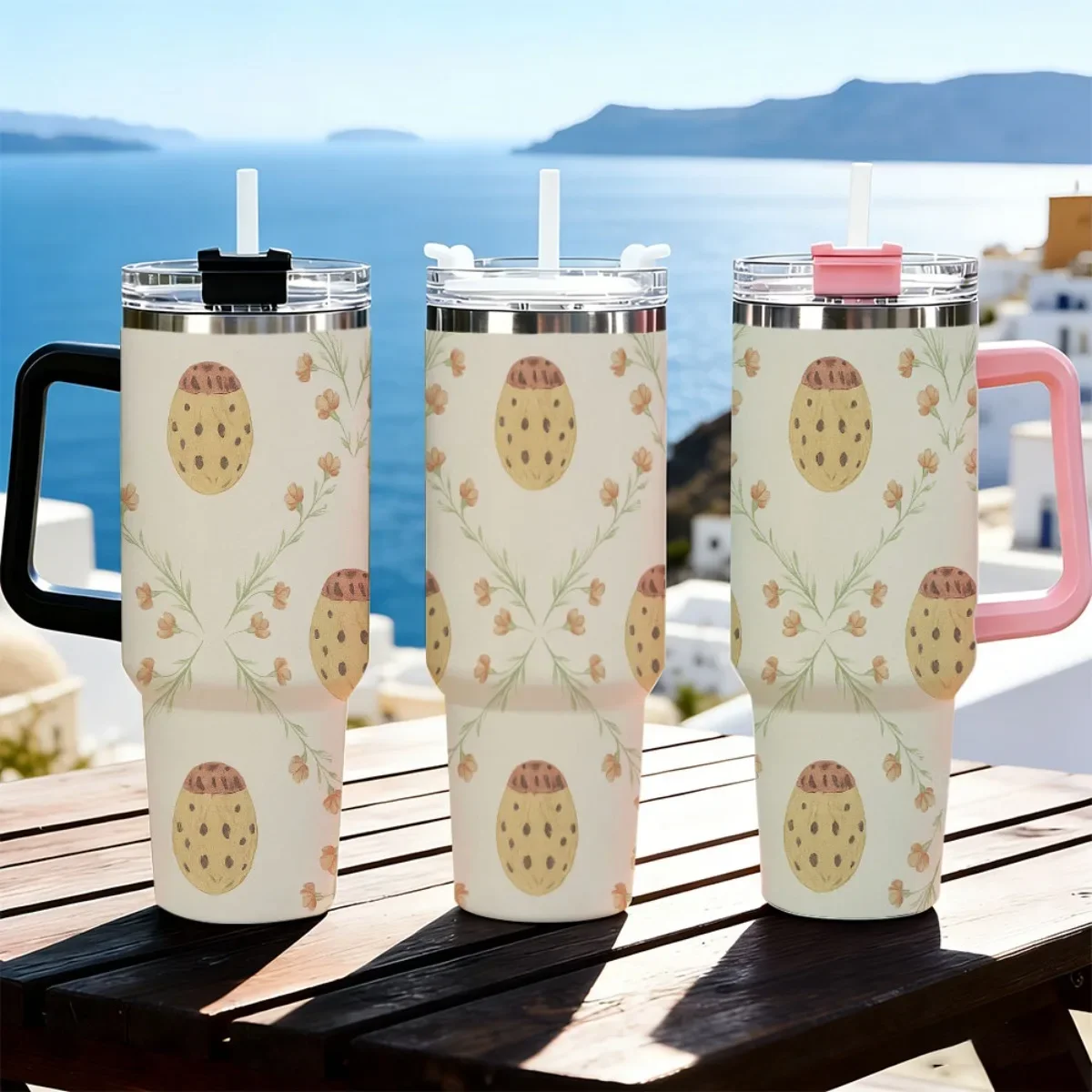 40oz Tumbler with Handle Easter Egg Floral Print Insulated Cup, Other colors sold out, random black or white shipment for other color orders