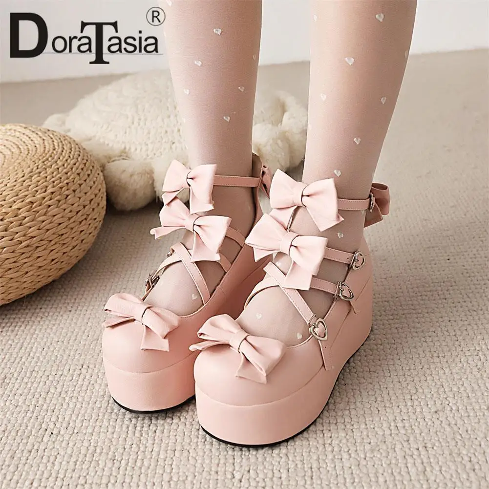 Big Size 33-43 New Ladies Platform Lolita Pumps Fashion Bow Buckle Wedges High Heels women's Mary Janes Pumps Sweet Woman Shoes