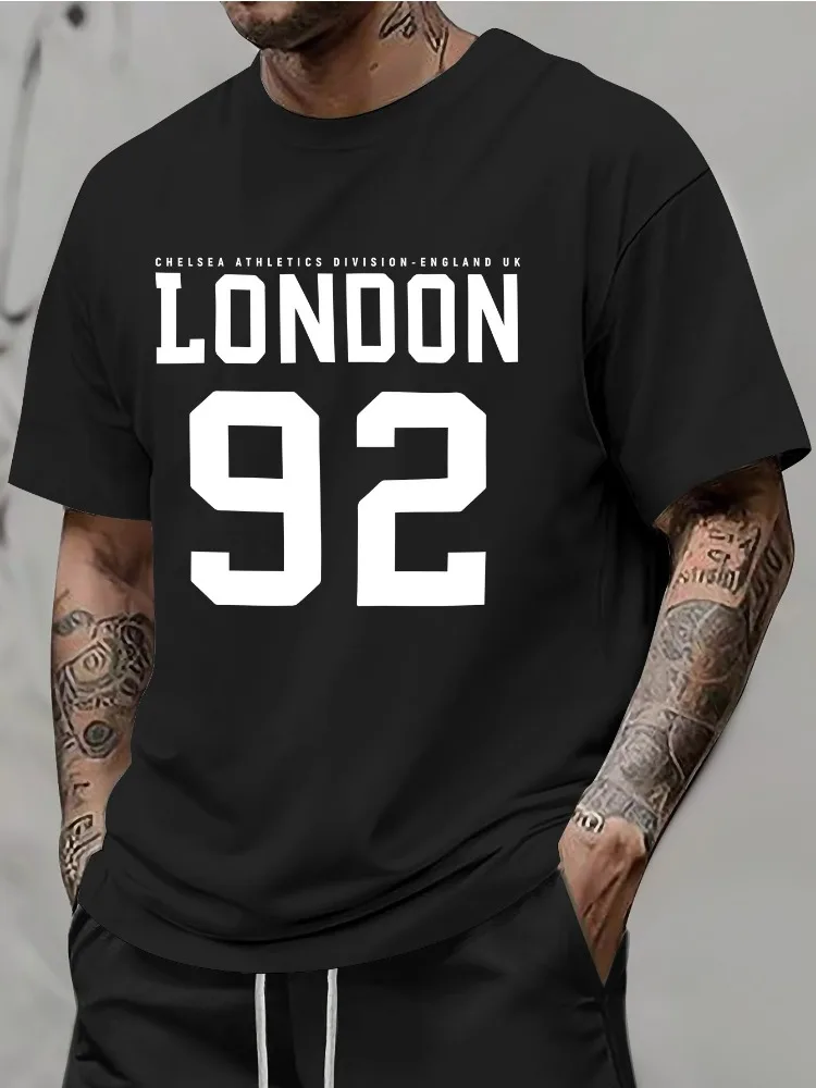 Men Summer Light Blue Crew Neck Tee LONDON 92 Print Casual Short Sleeve Daily Basic Athletic Chelsea UK Fashion T Shirt