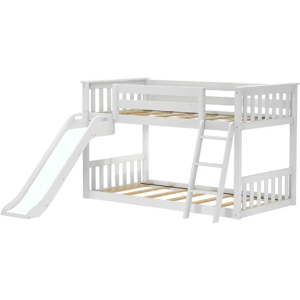 

Solid Wood Twin over Twin Size Low Bunk Beds for Kids with Slide and Ladder, 400 lbs Weight Capacity, 14" Safety Guardrail