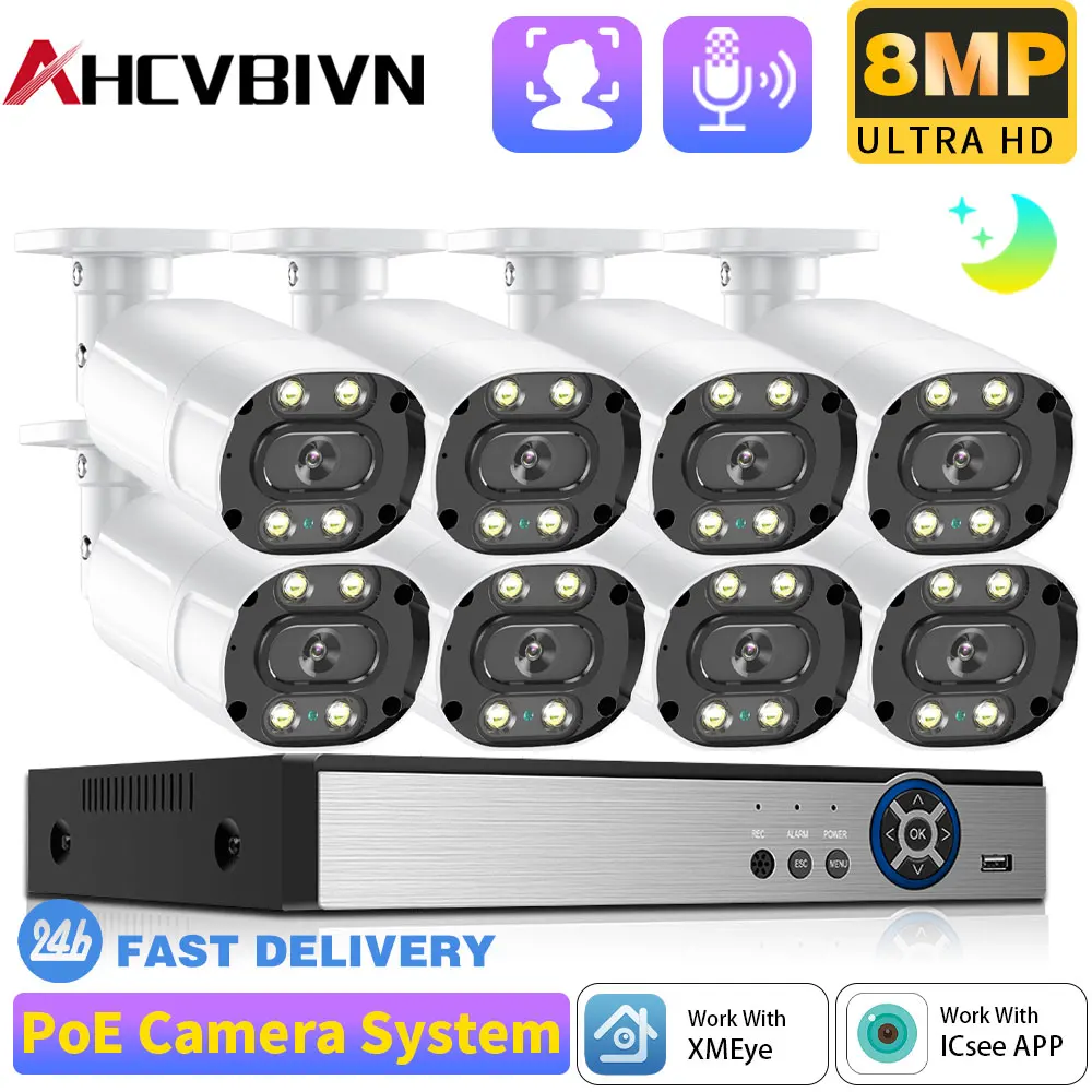 

8CH 8MP POE Security System 8PCS Outdoor IP Camera Color Night Vision, Human Detection Security Monitor NVR Kit