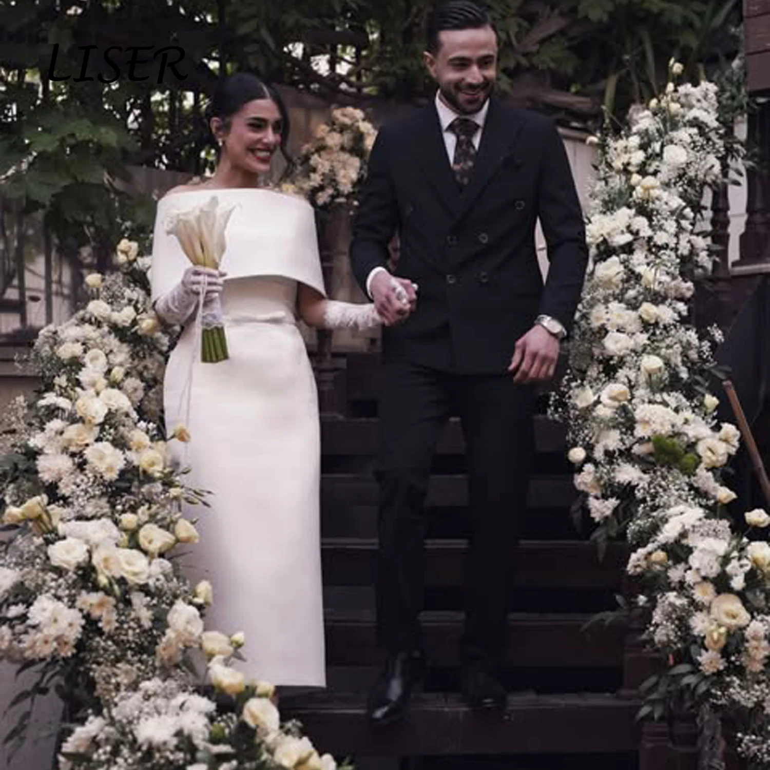 Liser Customized Graceful Ivory Off Shoulder Fold Collar Satin Midi Wedding Dress Straight Tea-Length Slit Robe De Mariée 2026