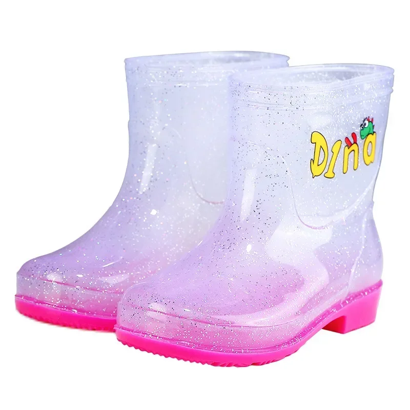 Sequin Transparent Children\'s Rain Boots Cartoon Pattern Kids Anti Slip Waterproof Soft Sole Thick Bottom Shoes Rainy Weather