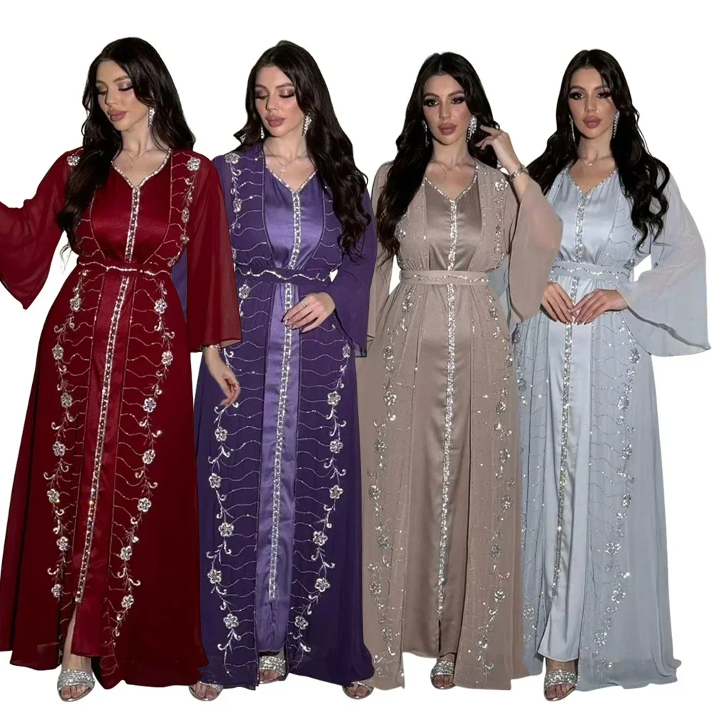 Muslimischen Set Kleid Frauen Vier-saison Pendeln Muslimischen Set Mode Party Dubai Türkei Langarm Chiffon Strickjacke Kleid und weste 2 teile