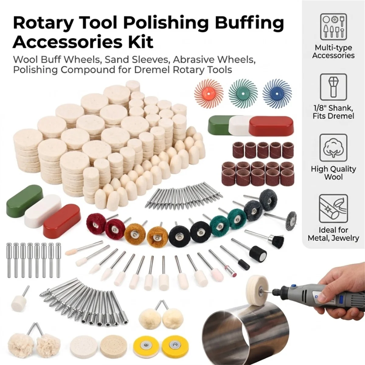 267Pcs Wool Felt Polishing Wheels Buffing Pads Set Sanding Bands Rotary Tool Accessories For Metal Glass Jewelry Watch Grinding