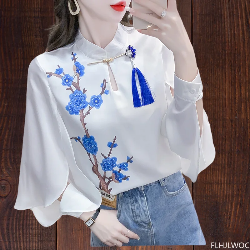 Chinese Style Chi-pao Collar Design Tops Blouses Woman New 2024 Spring Retro Vintage Thin Hollow Out Button Basic White Shirts