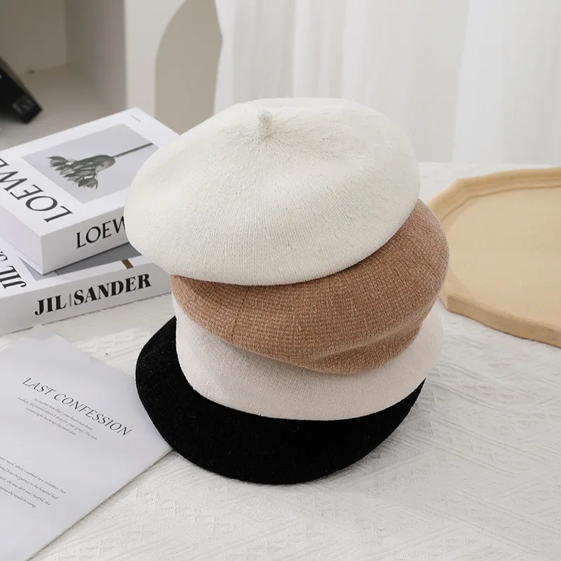 Winter Women's Hat Keep Warm Berets Cap Female Elegant Solid Painter Hat Chenille Solid Winter Beret