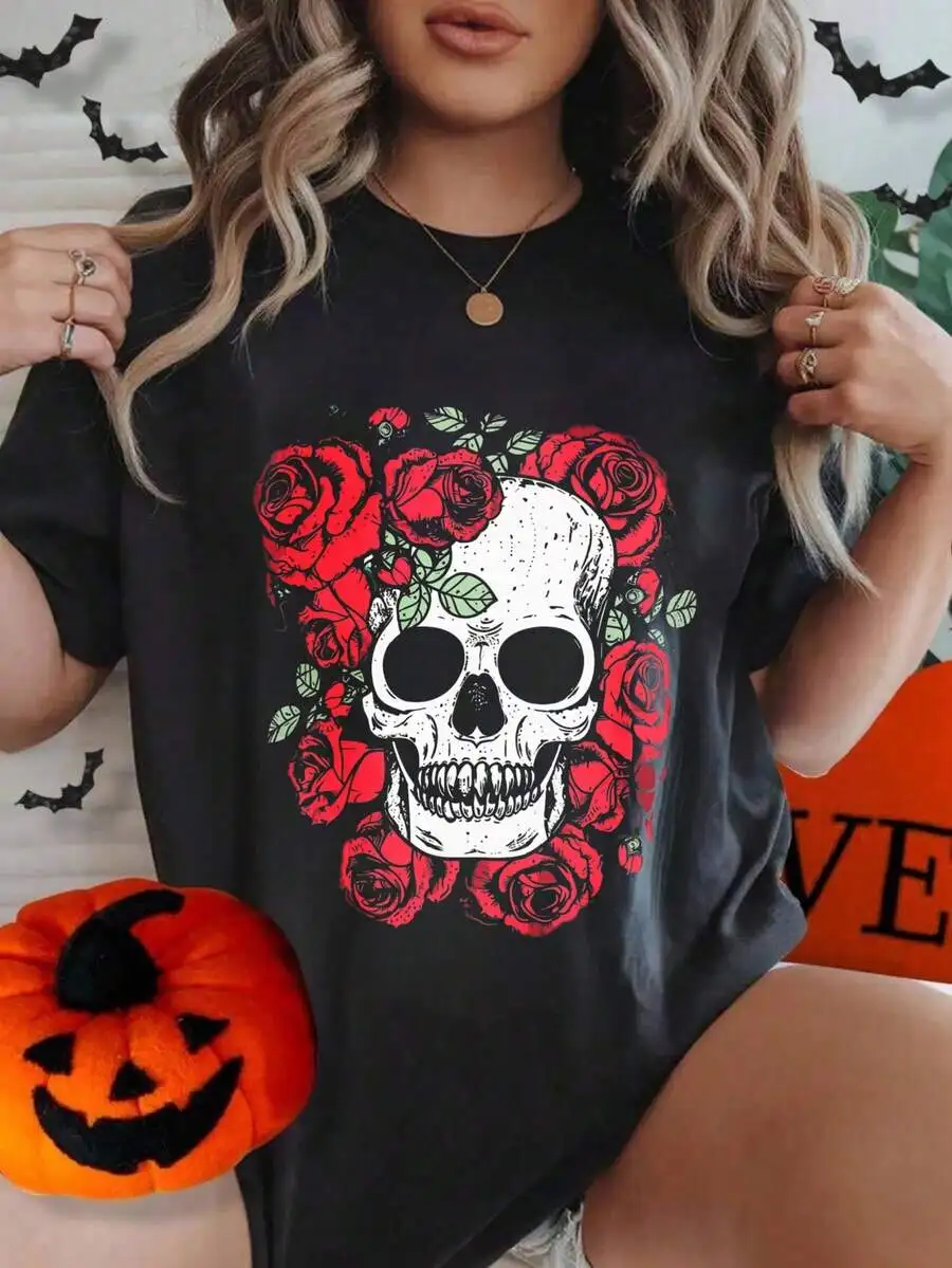 Women Gothic Aesthetic Skull And Rose Graphic T‑Shirt Black Crew Neck Short Sleeve Top Dark Vintage Skeleton Floral Print Casual Halloween Outfit Everyday Wear Tees