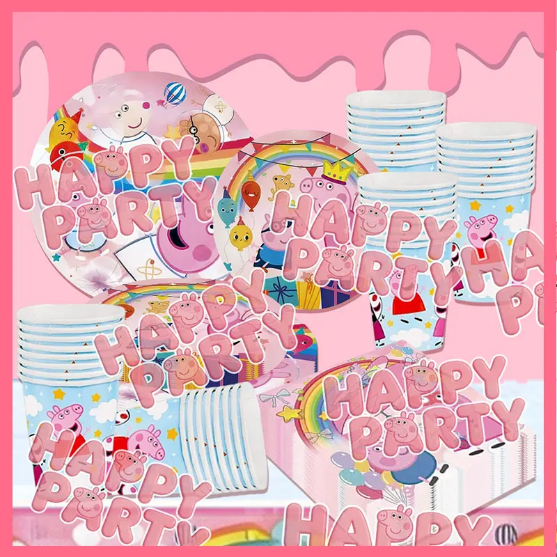 NUEVO Set de Decoración para Fiesta de Peppa Pig, Vajilla Rosa de Cumpleaños, Platos, Mantel, Servilletas, Vasos, Globos, Decoración Completa