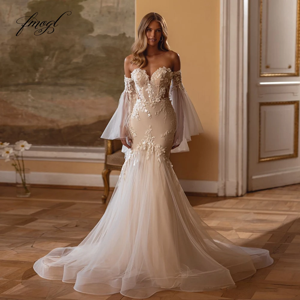 

Customized Strapless Detachable Flare Sleeve Mermaid Wedding Dresses Lace Appliques Vestido De Novia Sexy Vintage Bridal Gowns