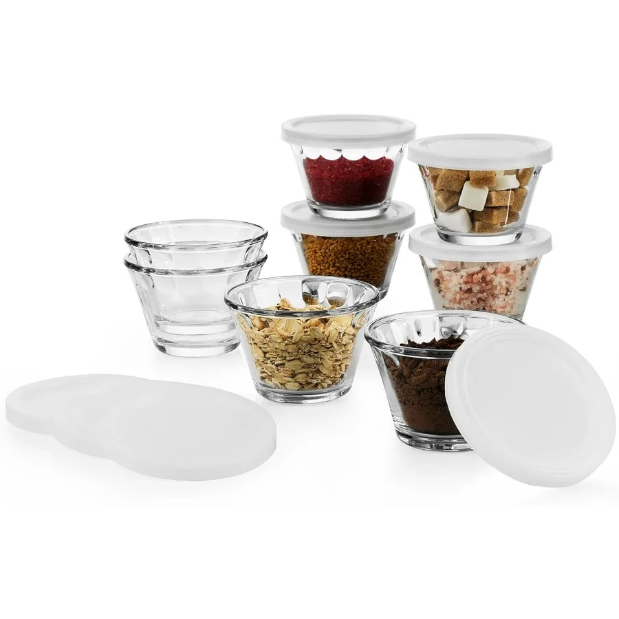 

Базовые банки Baker's Basics, набор стеклянных блюд для выпечки кексов из 8 предметов с крышками, круглые маленькие стеклянные миски, миски для приготовления кексов, мини-горшок