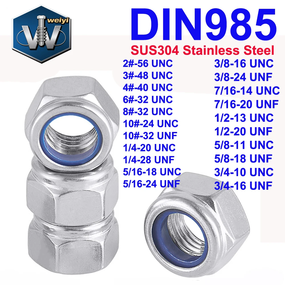 Weiyi DIN985 Sechskant-Selbstsichernde Muttern 2 # 6 # 10 # 1/4 5/16 3/8 7/16 1/2 3/4 UNC UNF SUS304 Edelstahl-Sicherungsmuttern mit Nylon-Einsatz – Detail 1