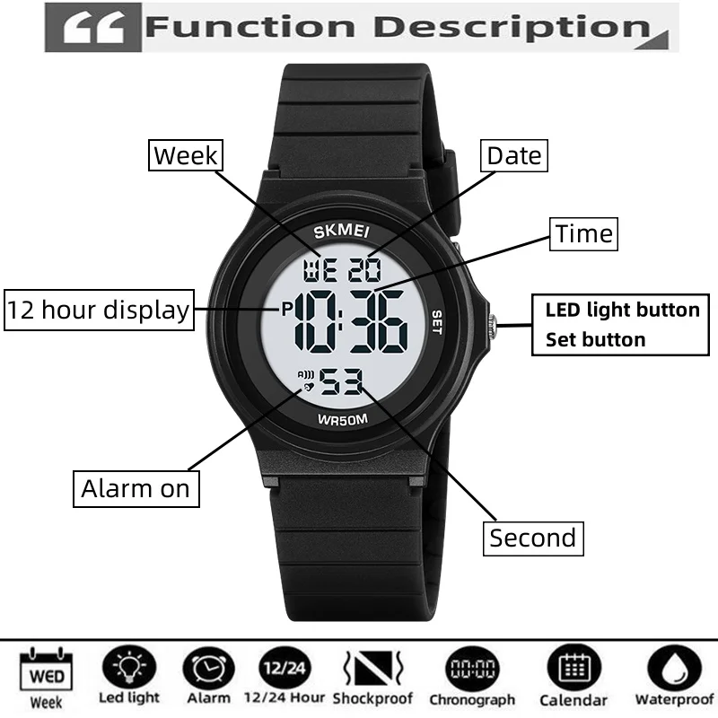 Skmei Student Digital Watches TPU Strap 50M Waterproof Swimming Sport Boys Girls Wristwatch LED Chronograph Kids Alarm Clock