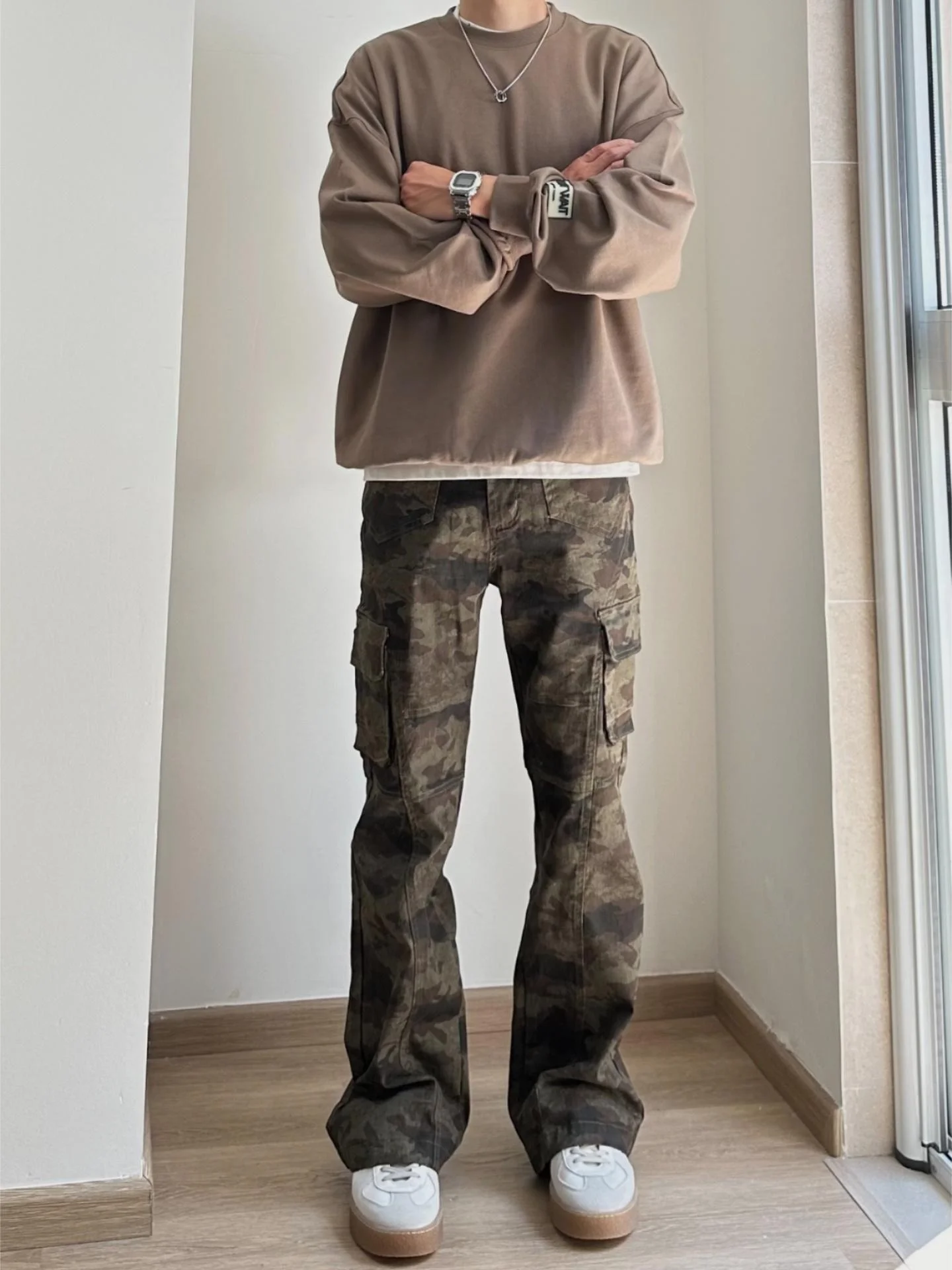 

American High Street Hiphop Retro Camouflage Work Pants Men's Slim Flared Casual Long Trousers Trendy Multi-ket Design