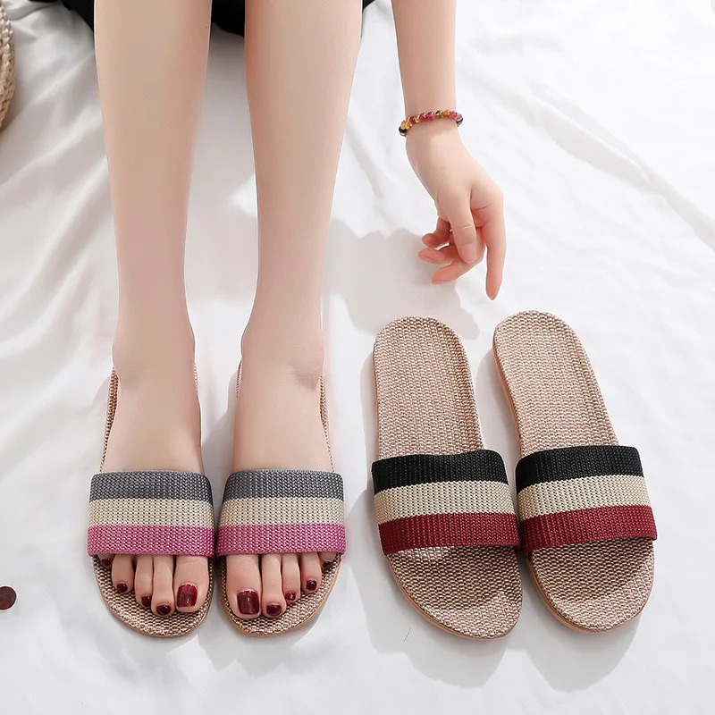 Linen slippers couple indoor slippers cotton linen home anti slip thick soled summer cool slippers