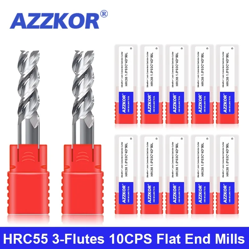 AZZKOR Milling Cutter 50.0-75.0MM Length Tungsten Steel Carbide 3-Flutes Flat End Mills  For CNC Machining 10CPS Endmills Tools