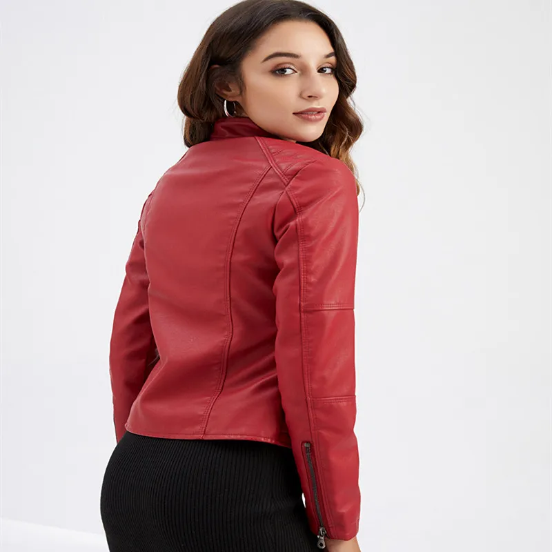 

Women's Red Long-Sleeve Faux Leather Jacket Zip-Up Stand Collar PU Outerwear Available in Black, Purple, Blue Coat.
