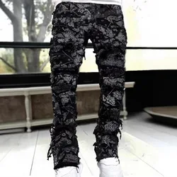 Punk Street Style Ripped Skinny Jeans Men Vintage Wash Solid Denim Trouser Mens Casual Slim Fit Pencil Denim Holes Pants 2024