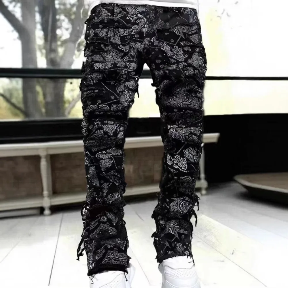 Punk Street Style Ripped Skinny Jeans Men Vintage Wash Solid Denim Trouser Mens Casual Slim Fit Pencil Denim Holes Pants 2024
